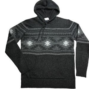 American Eagle Hooded Sweater Men L Grey Nordic Fair isle pocket Poly Wool Blend